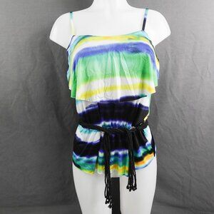 Womens Top Small Blue Yellow Tie Dye Boho Fringe Coastal Cool Y2K Retro